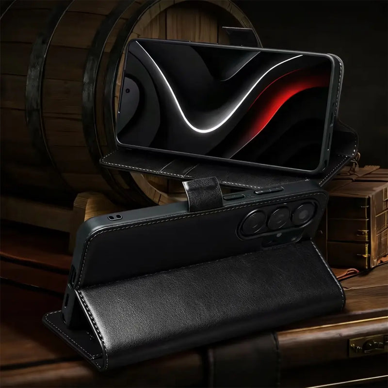 Samsung Galaxy S26 Ultra Business Style Genuine Leather Wallet Case (Black) fold system
