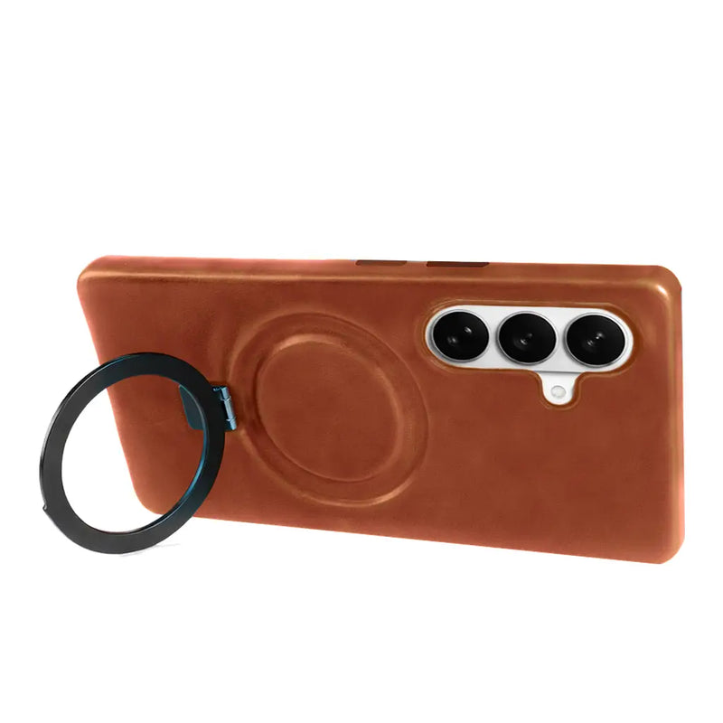 Samsung Galaxy S26 Full-Grain Oil Wax Kickstand Leather Case (Brown) + MagSafe support
