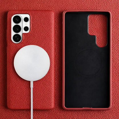 Samsung Galaxy S26 Ultra Full-Grain Premium Genuine Leather Case (Red) + MagSafe charging
