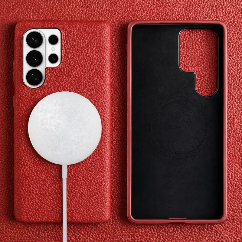 Samsung Galaxy S26 Ultra Full-Grain Premium Genuine Leather Case (Red) + MagSafe charging