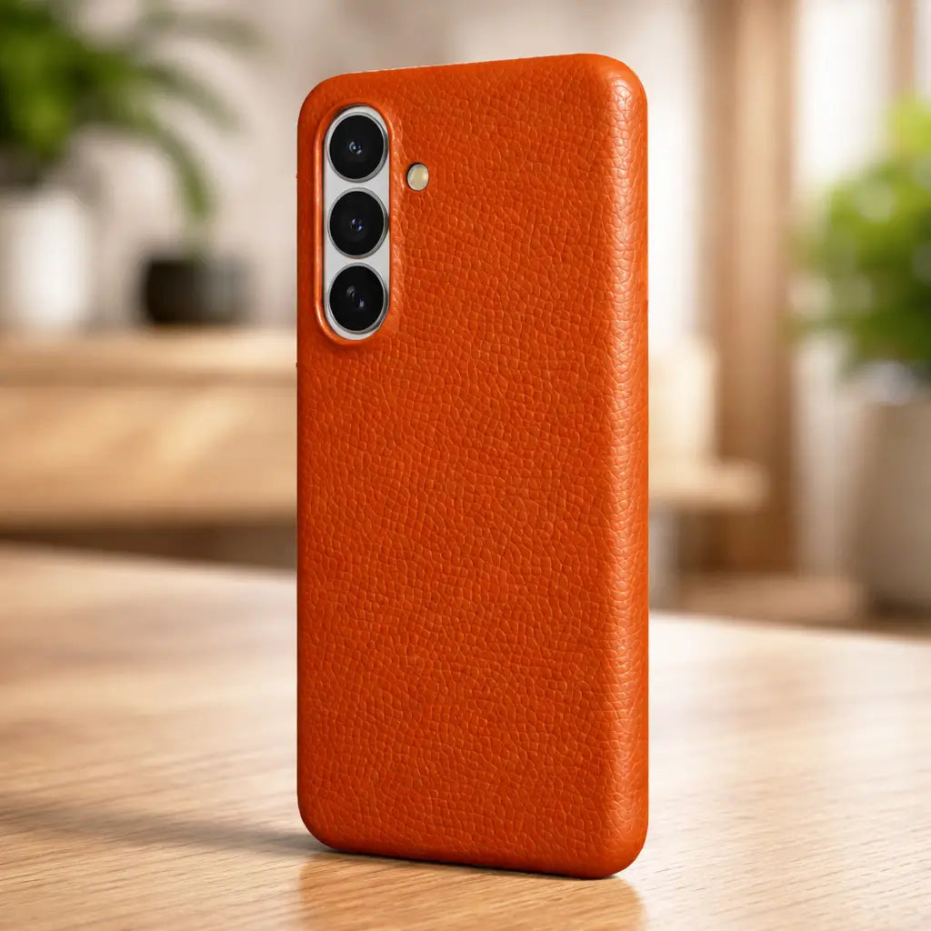Samsung Galaxy S26 Full Coverage Premium Genuine Leather Case (Orange) + MagSafe outdoor look